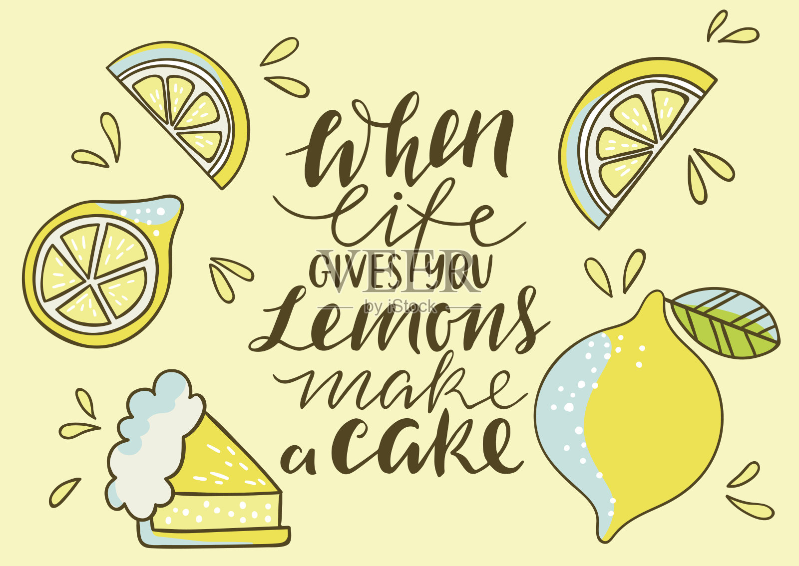 用柠檬印出很酷的亮色。当生活给你柠檬时，做个蛋糕。印刷与印字插画图片素材
