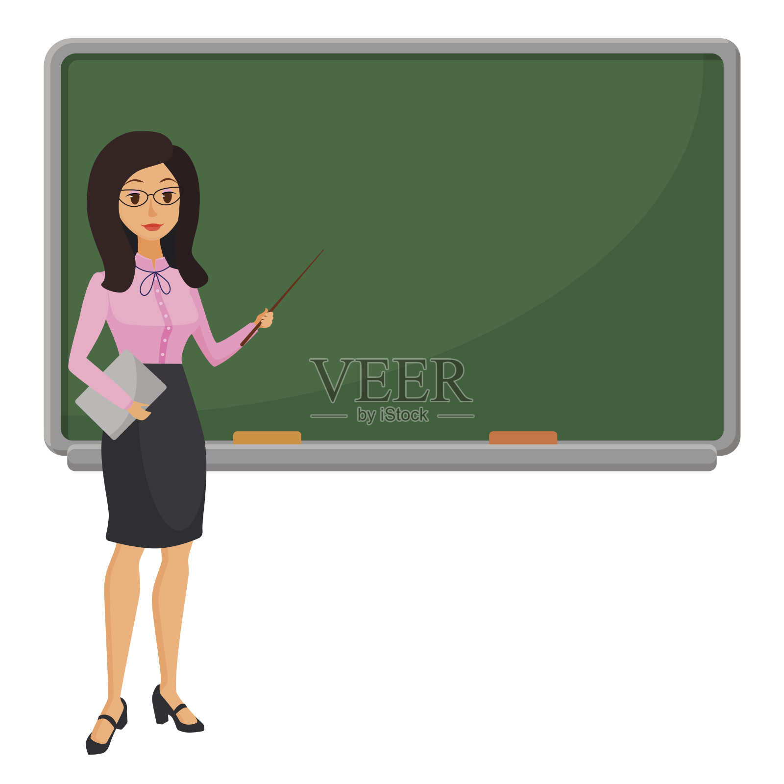 在中学、学院或大学教室里，年轻的女教师在黑板旁教学生。平面设计卡通女性人物。插画图片素材