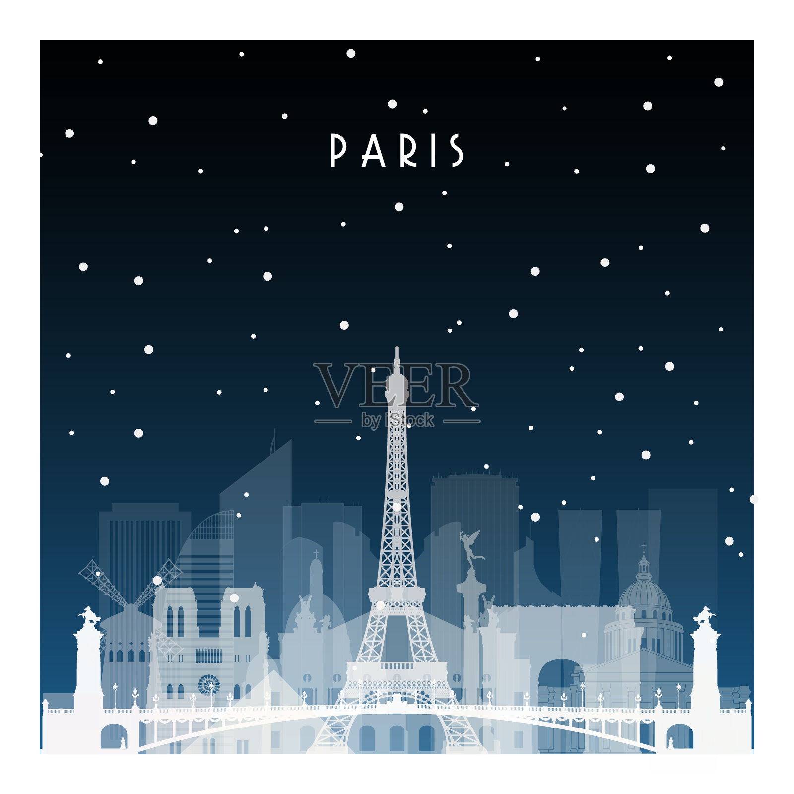 巴黎的冬夜。夜晚城市在平面风格的横幅，海报，插图，游戏，背景。插画图片素材