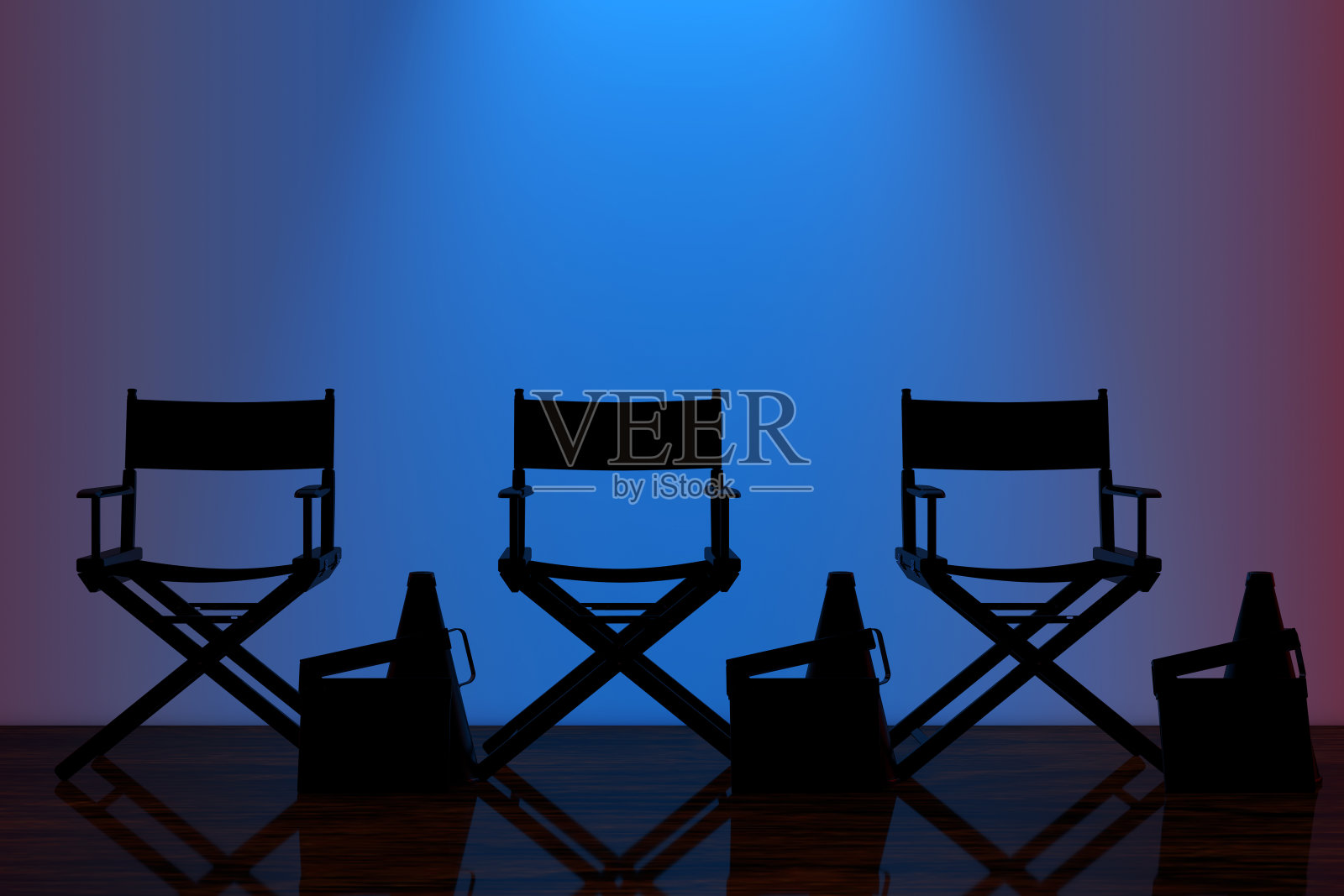 导演椅子，电影拍板和扩音器与蓝色背光前墙。3d渲染照片摄影图片