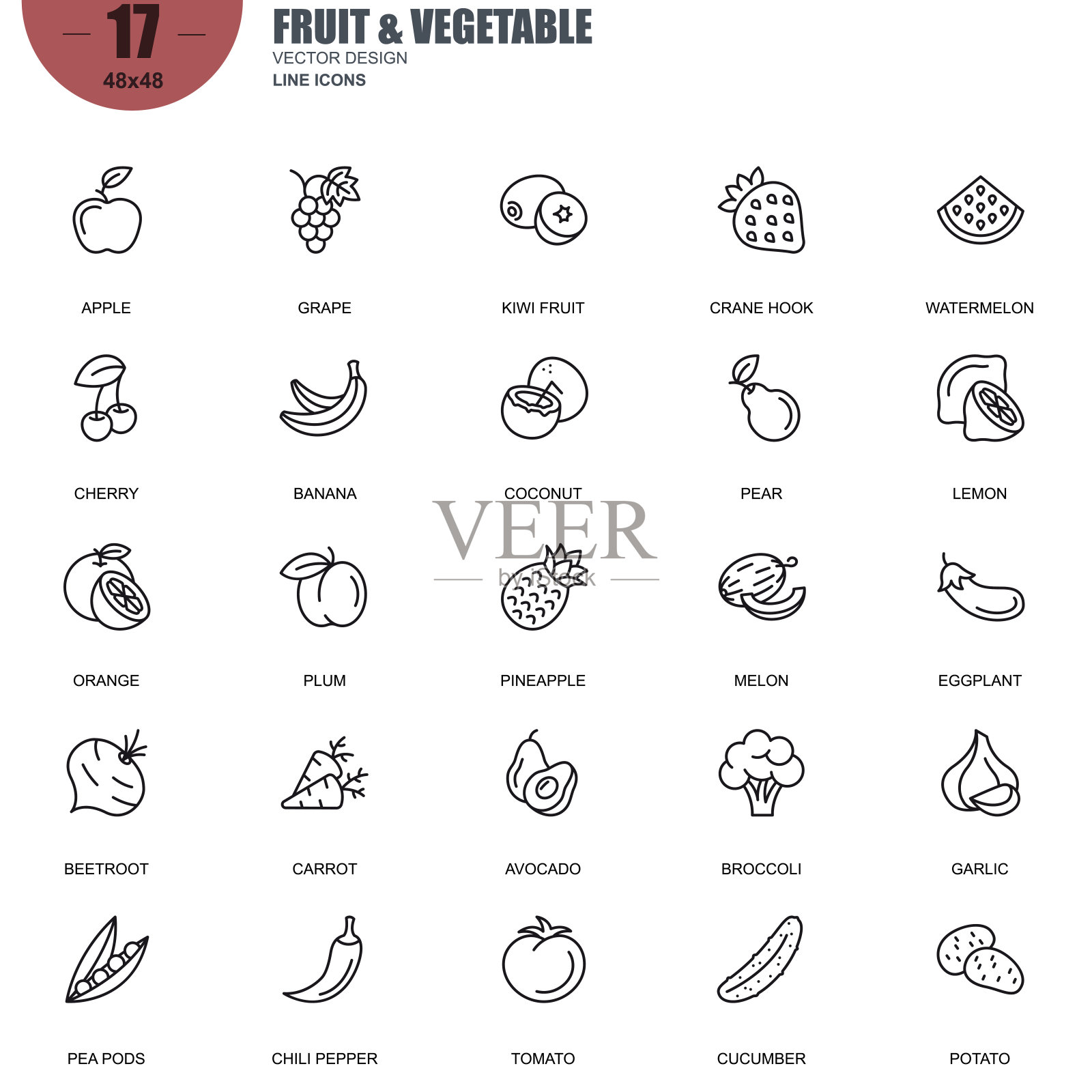 水果和蔬菜相关的矢量线图标的简单设置设计元素图片