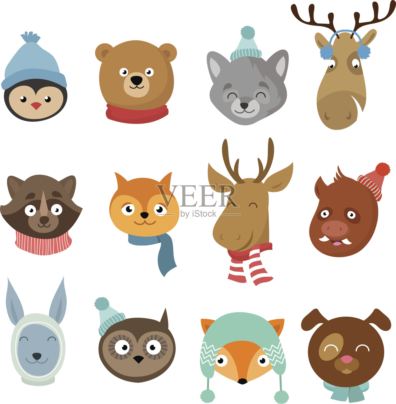 圣诞快乐动物卡通人物。动物头与围巾和帽子向量集插画图片素材
