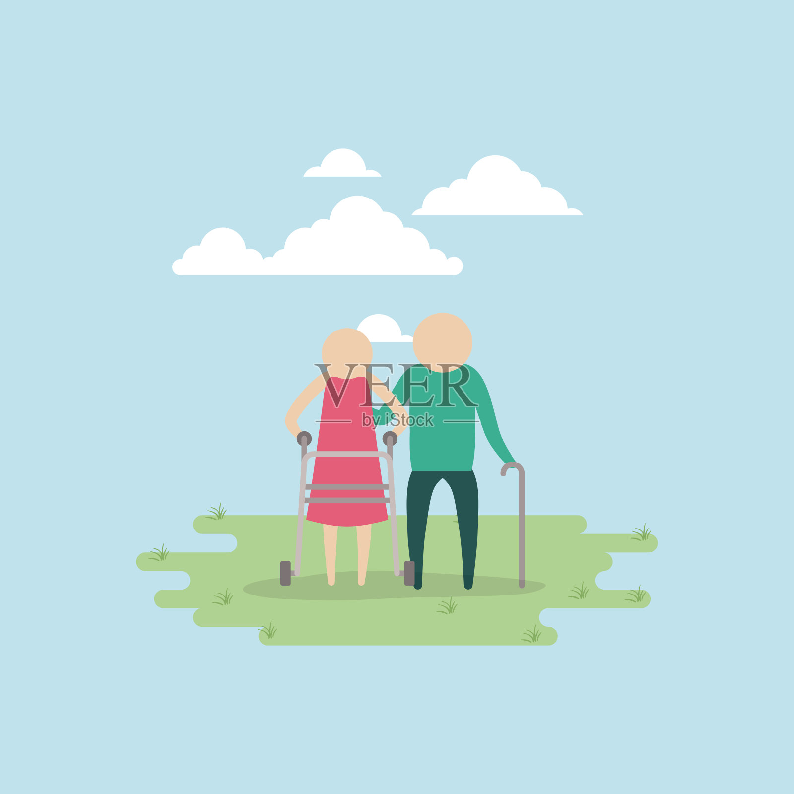 彩色背景，天空景观和草的剪影设置象形文字老年夫妇在草地上拄着拐杖插画图片素材