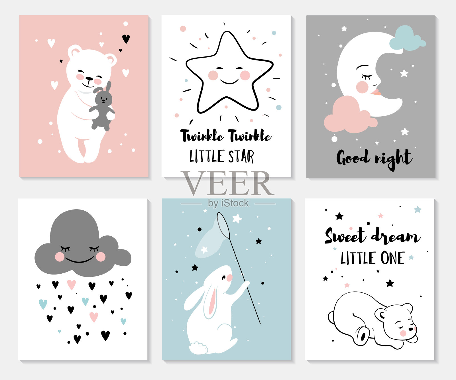小熊，兔子，月亮和星星。插画图片素材
