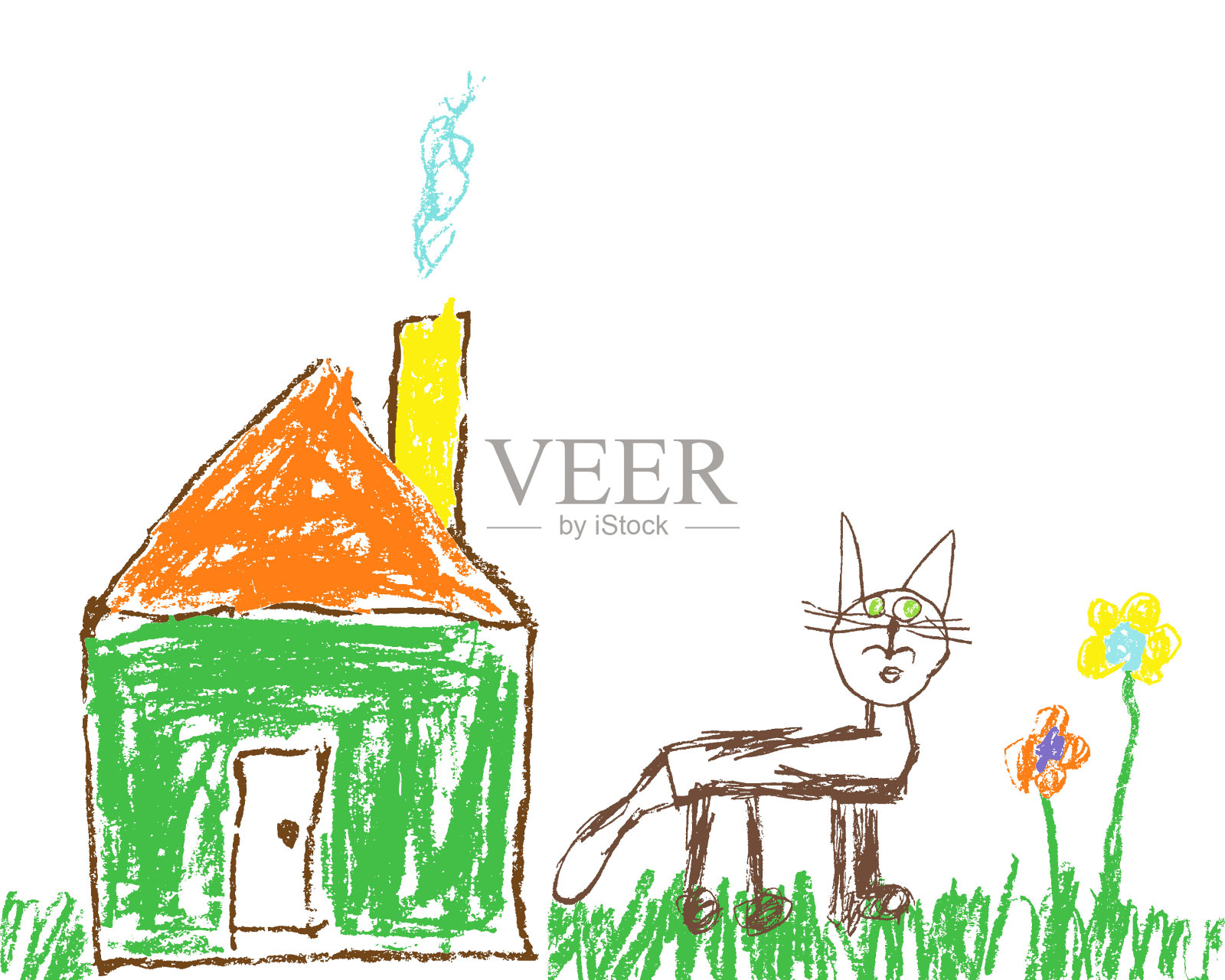 蜡笔像孩子的手画房子，草，五颜六色的花和有趣的微笑猫。插画图片素材