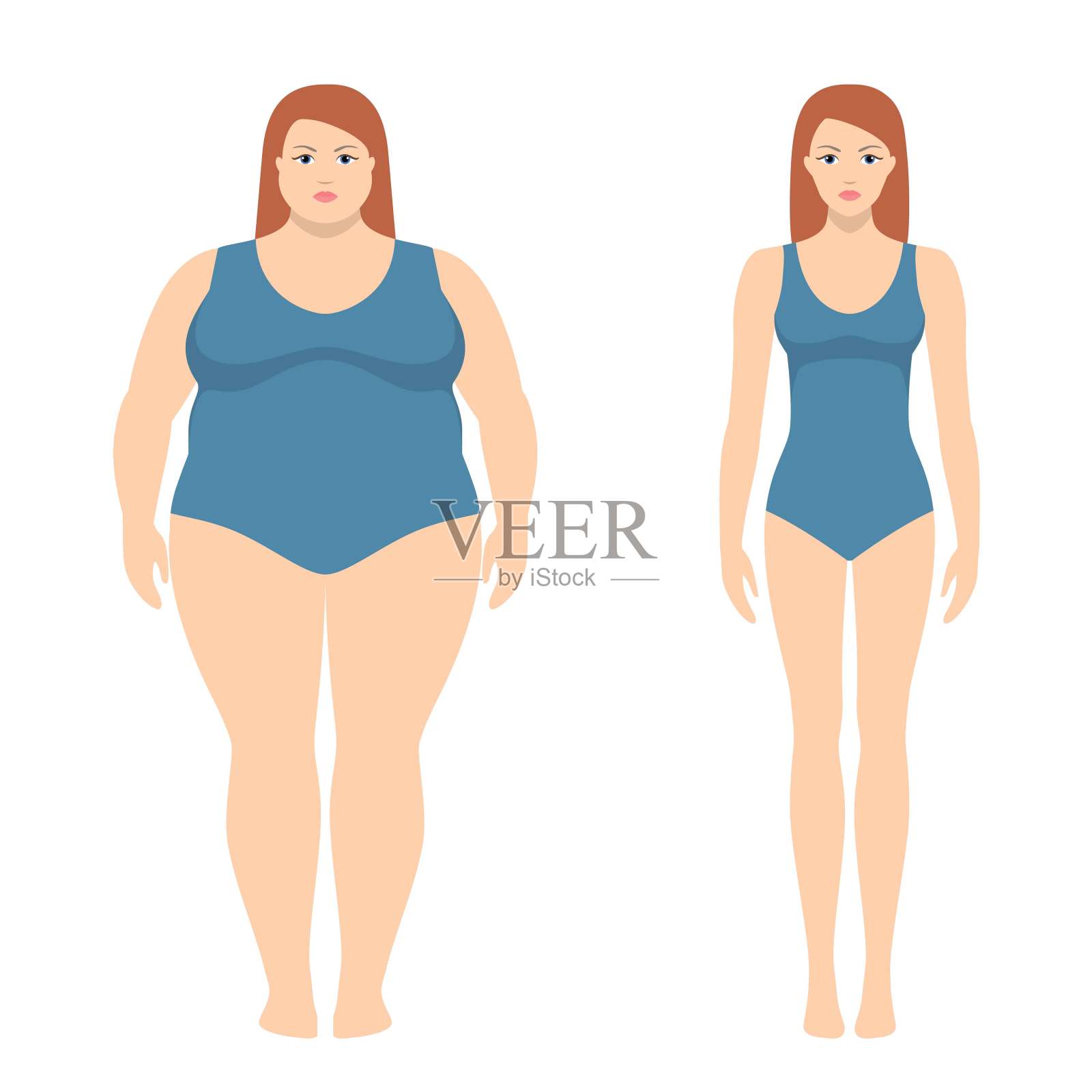 矢量插图的胖和苗条的女人在平的风格。减肥的概念，之前和之后。插画图片素材