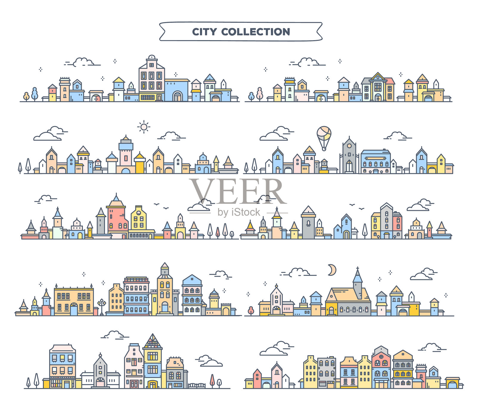 在白色背景上绘制不同的夏季城市景观矢量图。一套以树、云、气球详细描绘城市的欧洲复古色彩。设计元素图片