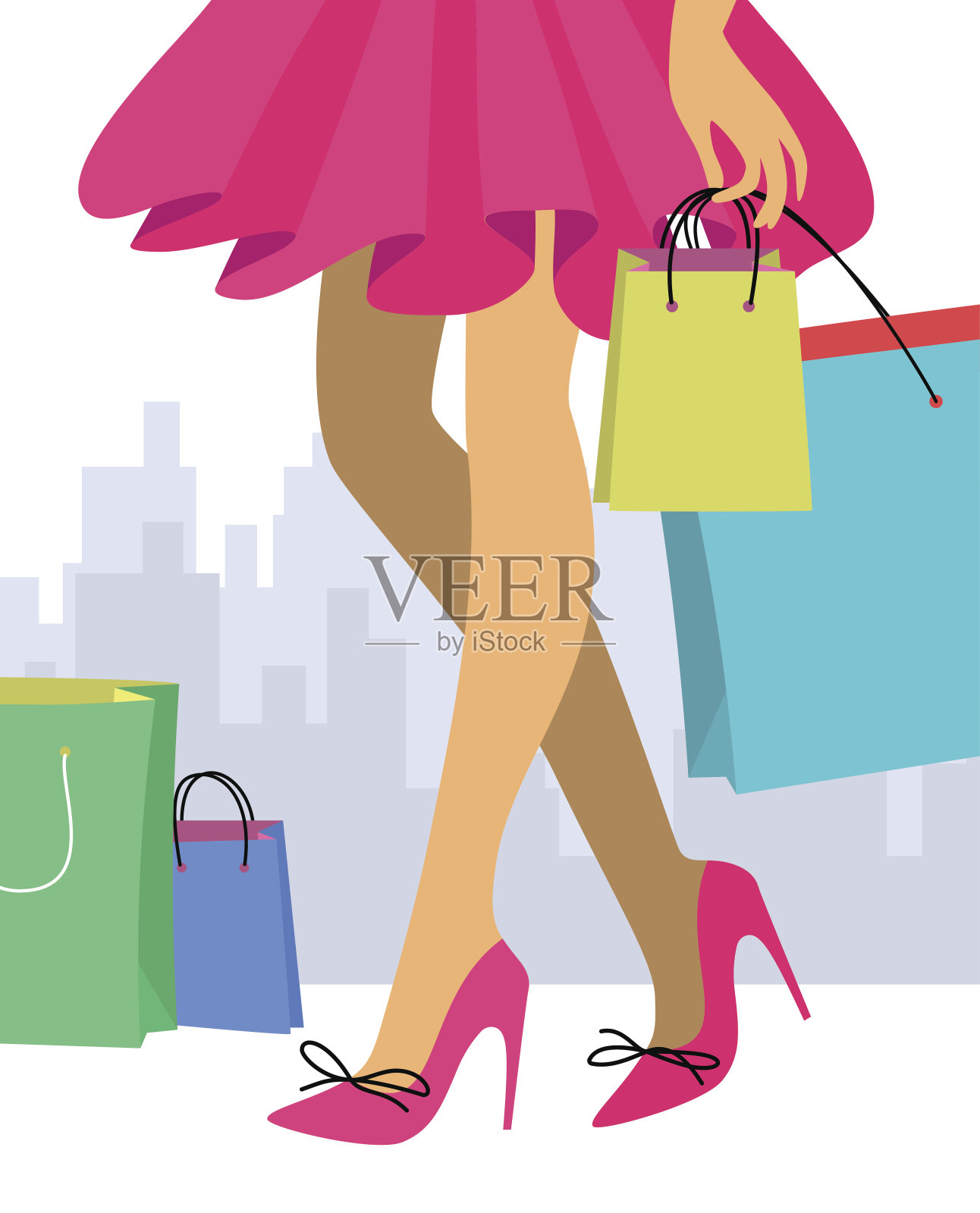 一个穿着红色裙子和高跟鞋和购物袋的女人。销售的概念。插画图片素材