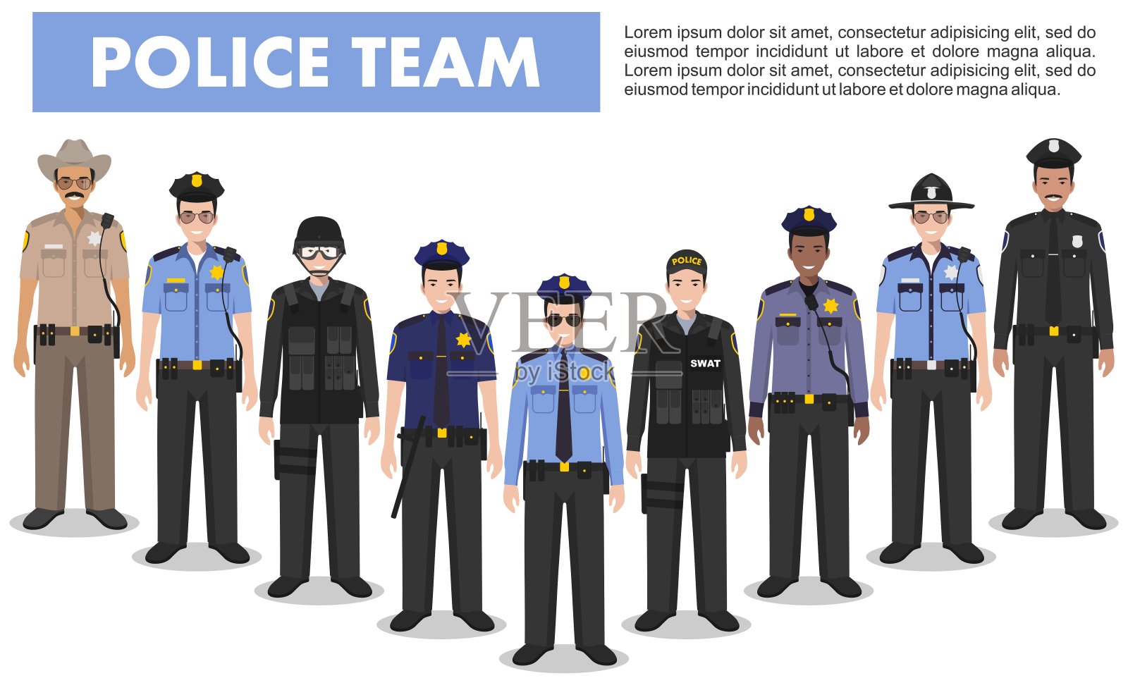 警察的人的概念。详细说明的SWAT官员，警察和警长在平坦风格的白色背景。矢量插图。插画图片素材