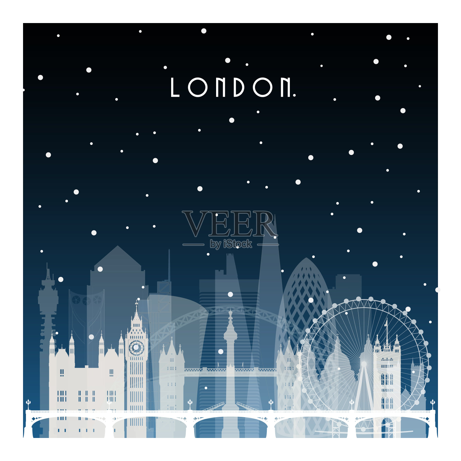 伦敦的冬夜。夜晚城市在平面风格的横幅，海报，插图，游戏，背景。插画图片素材