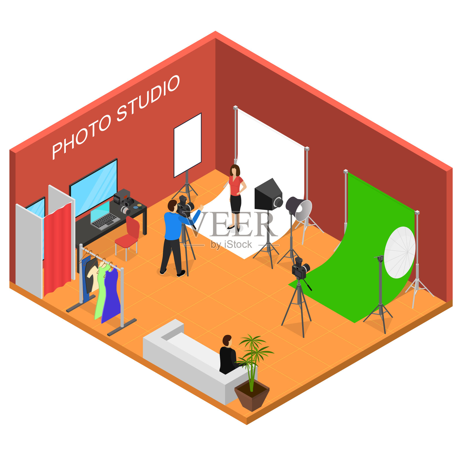 摄影工作室室内家具等距视图。向量插画图片素材