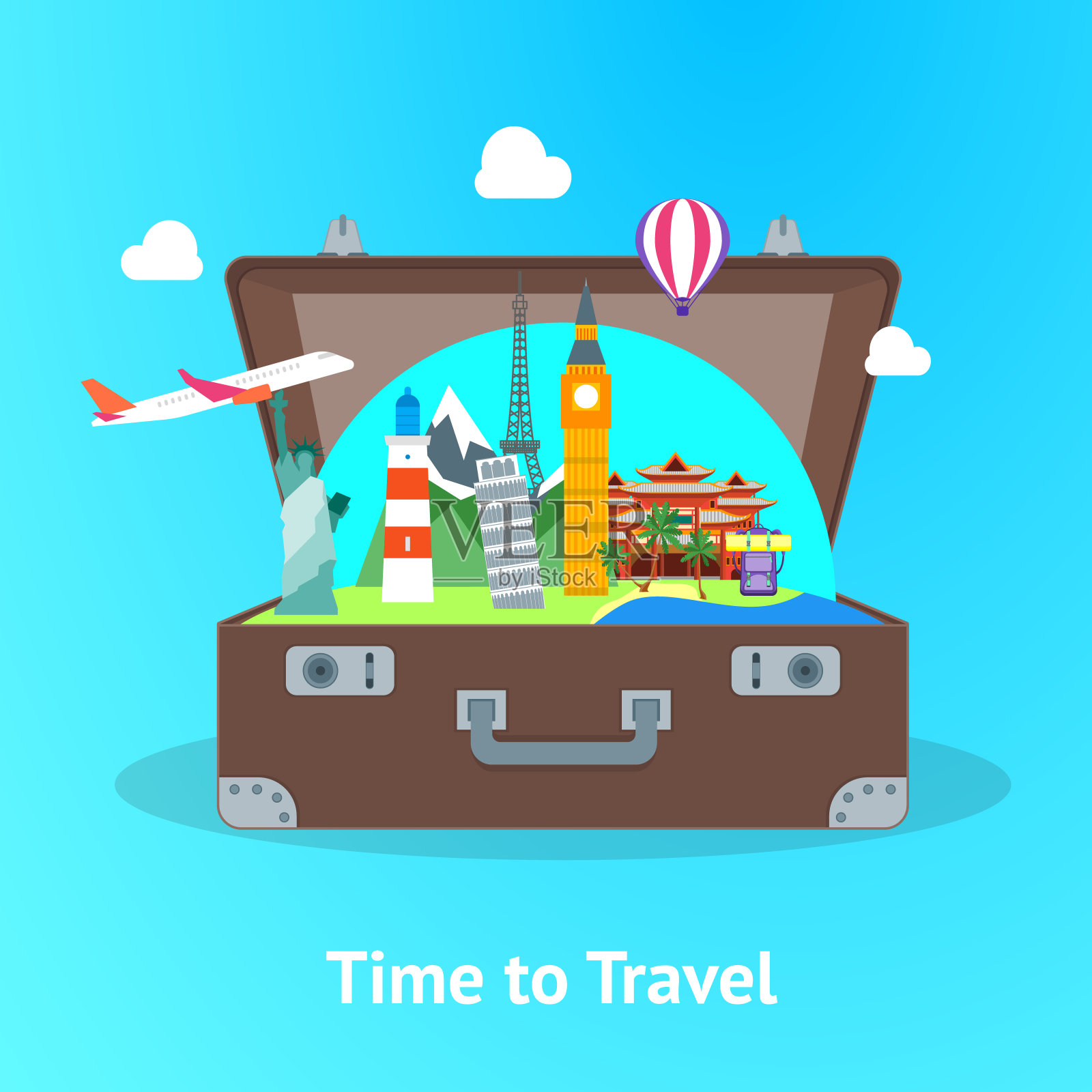 旅行概念与打开手提箱卡片海报。向量插画图片素材