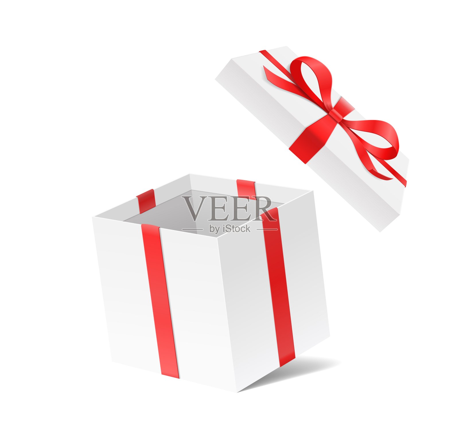 空打开的礼品盒与红色蝴蝶结和丝带孤立的白色背景。设计元素图片