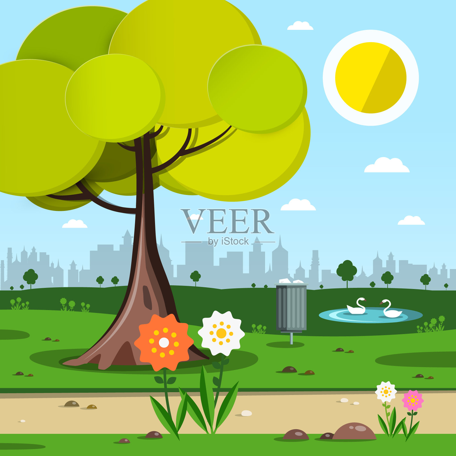 公园有树和花插画图片素材 Id Veer图库