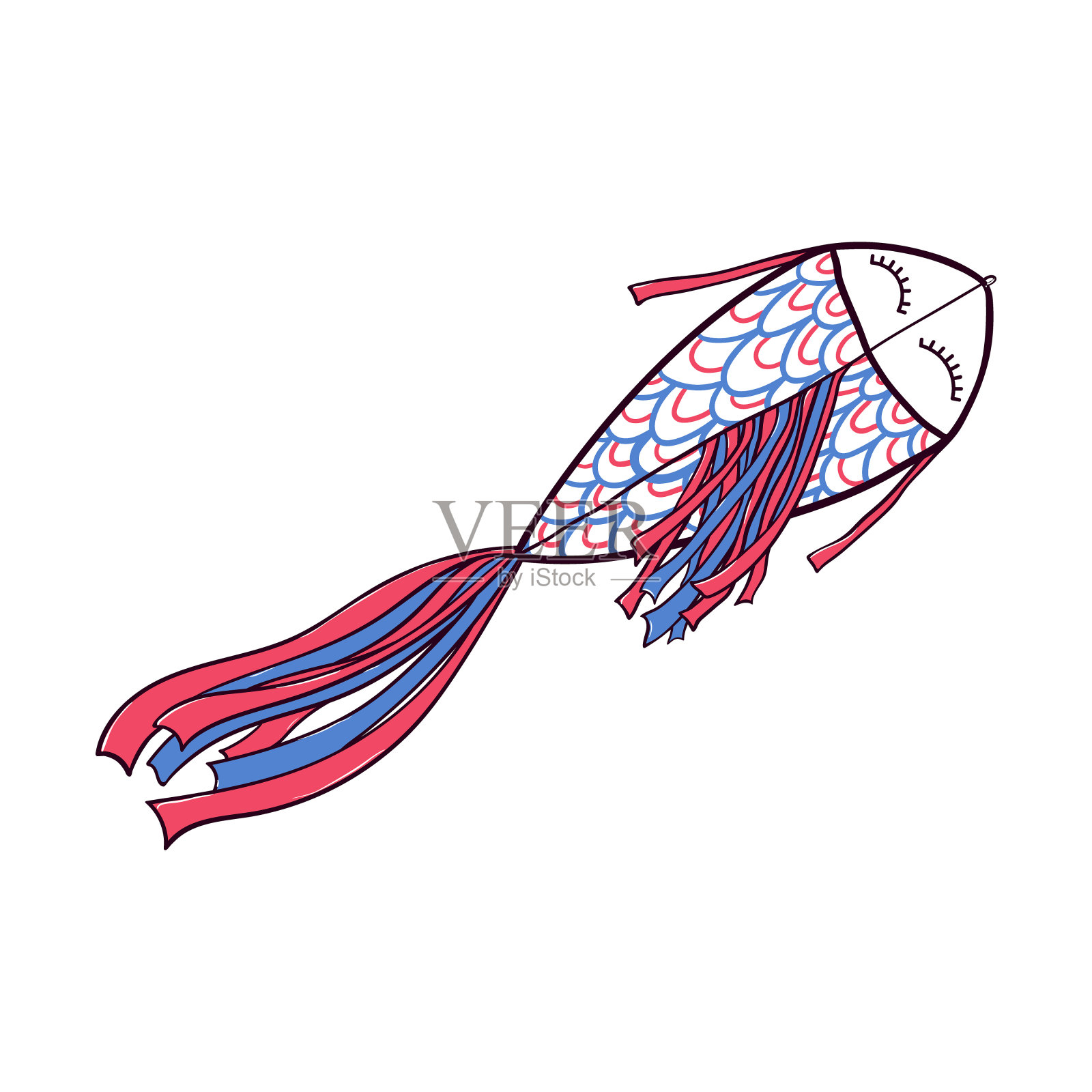 飞鱼形状的涂鸦风筝带尾巴插画图片素材