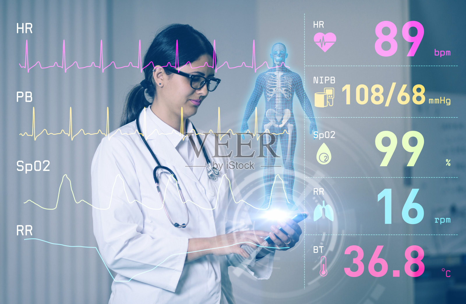 西班牙女医生和医疗技术。物联网，3D渲染。照片摄影图片