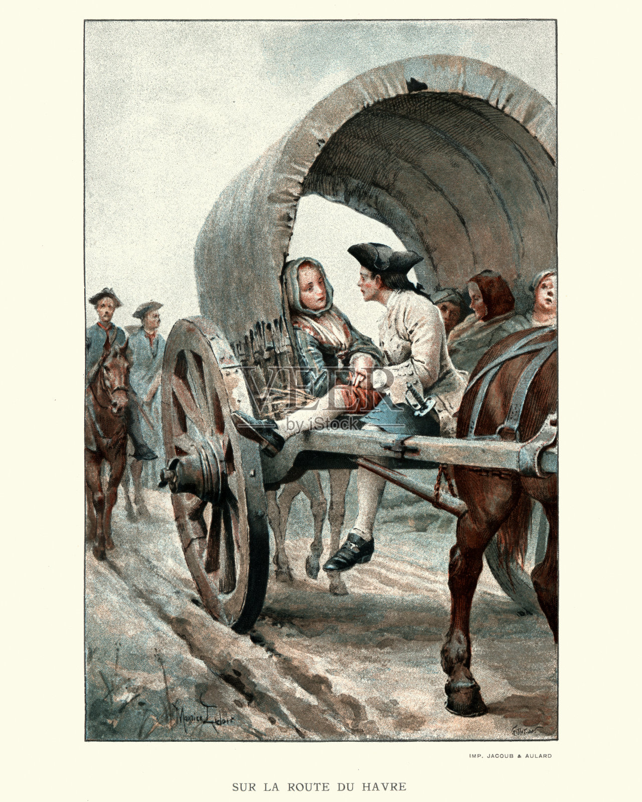 玛侬莱斯科男人在马车后面和一个女人调情插画图片素材