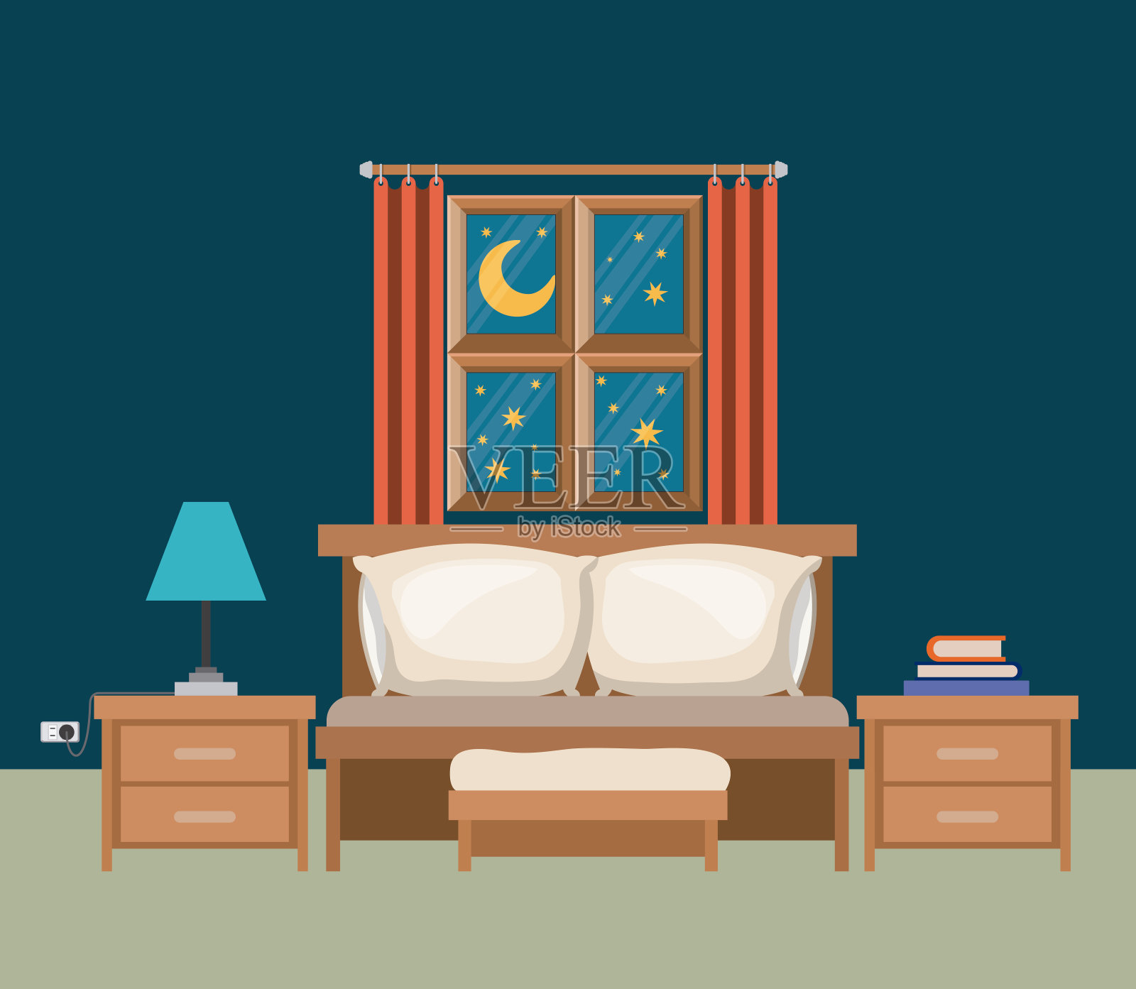 卧室的色彩背景与窗户在夜间景观视图插画图片素材
