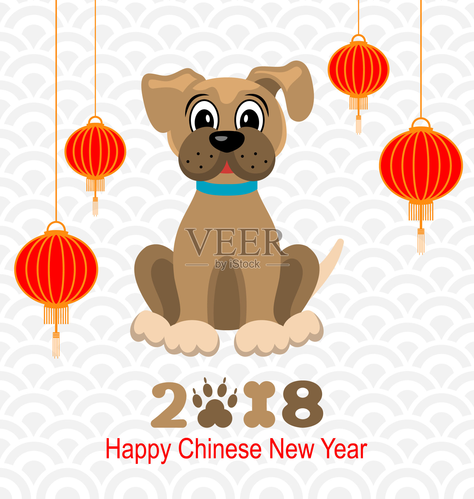 2018狗、灯笼、狗新年快乐插画图片素材