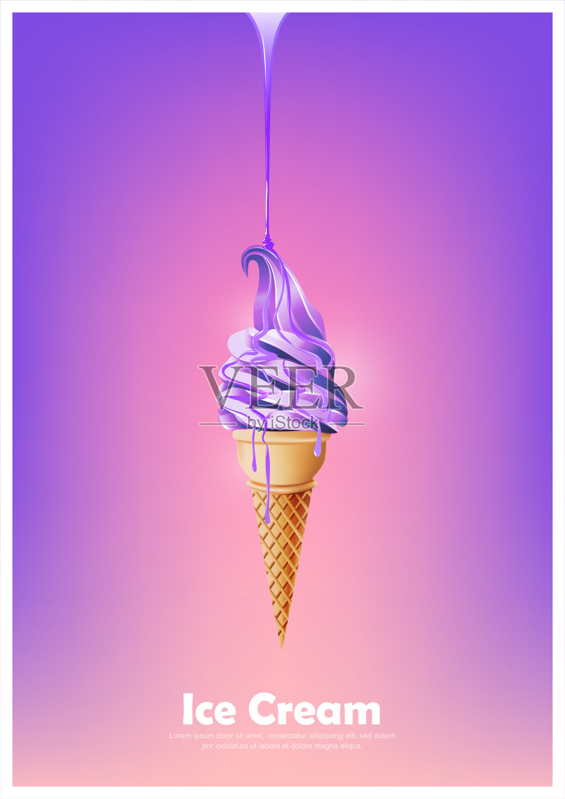 紫色软筒冰淇淋，倒紫罗兰糖浆，矢量插图插画图片素材