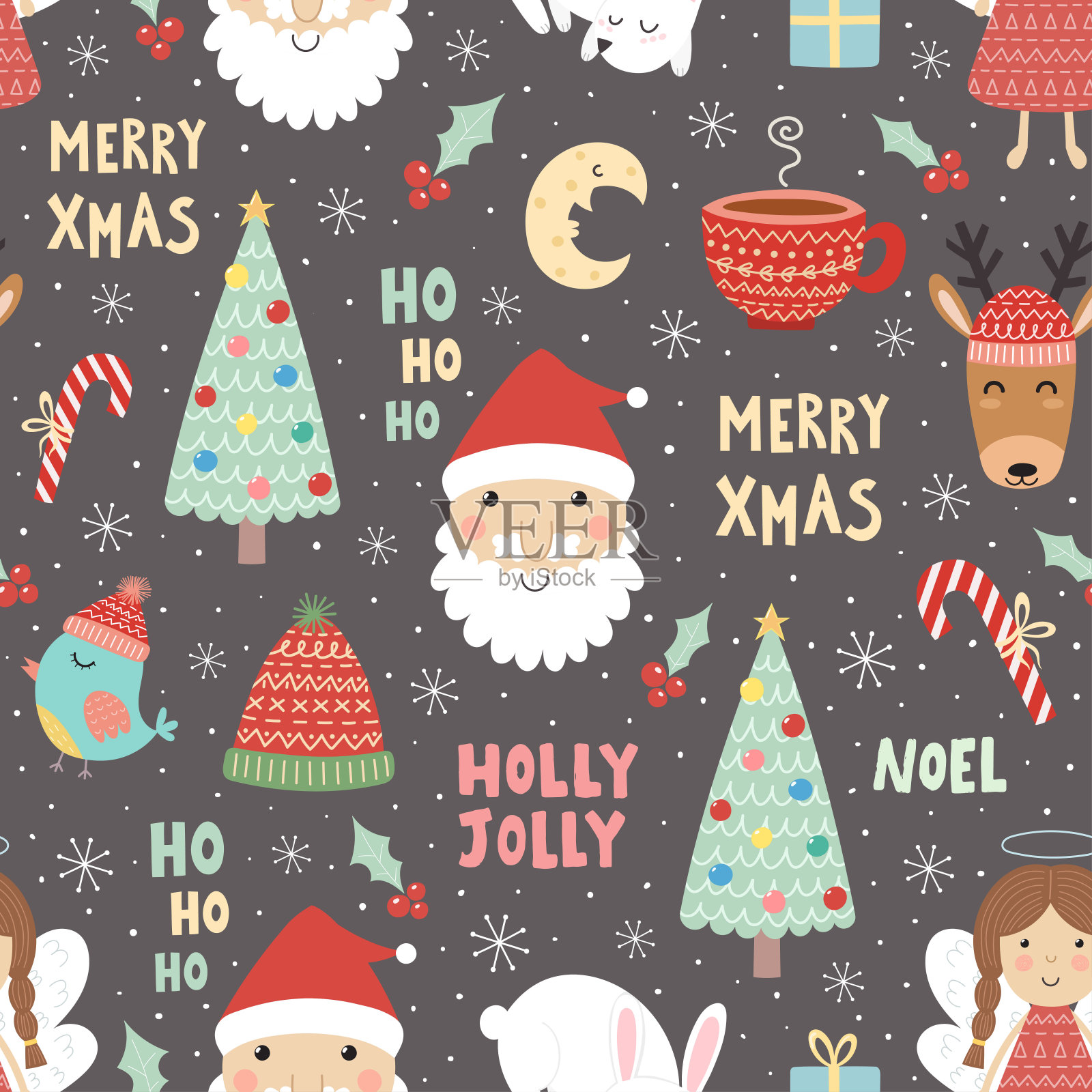 有趣的圣诞无缝图案有圣诞老人、小鹿、小兔插画图片素材
