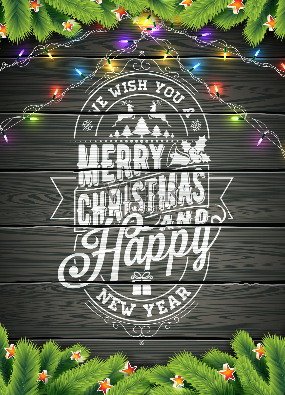 圣诞快乐和新年快乐插图在复古木背景与排版和假日元素，矢量EPS 10设计。插画图片素材