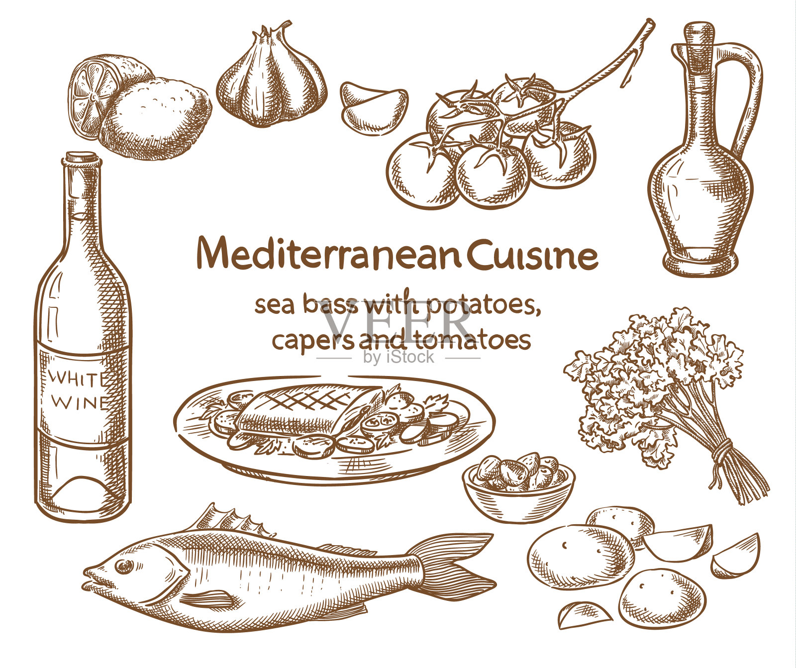 地中海式饮食。鲈鱼配土豆，酸豆和西红柿。向量草图。插画图片素材
