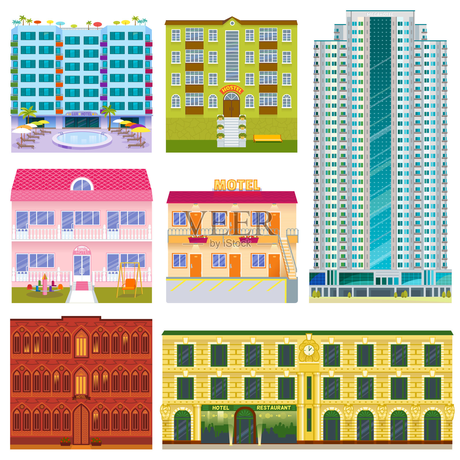 不同的建筑，酒店立面，游客，旅行者，度假时间，公寓，城市，城镇矢量插图插画图片素材