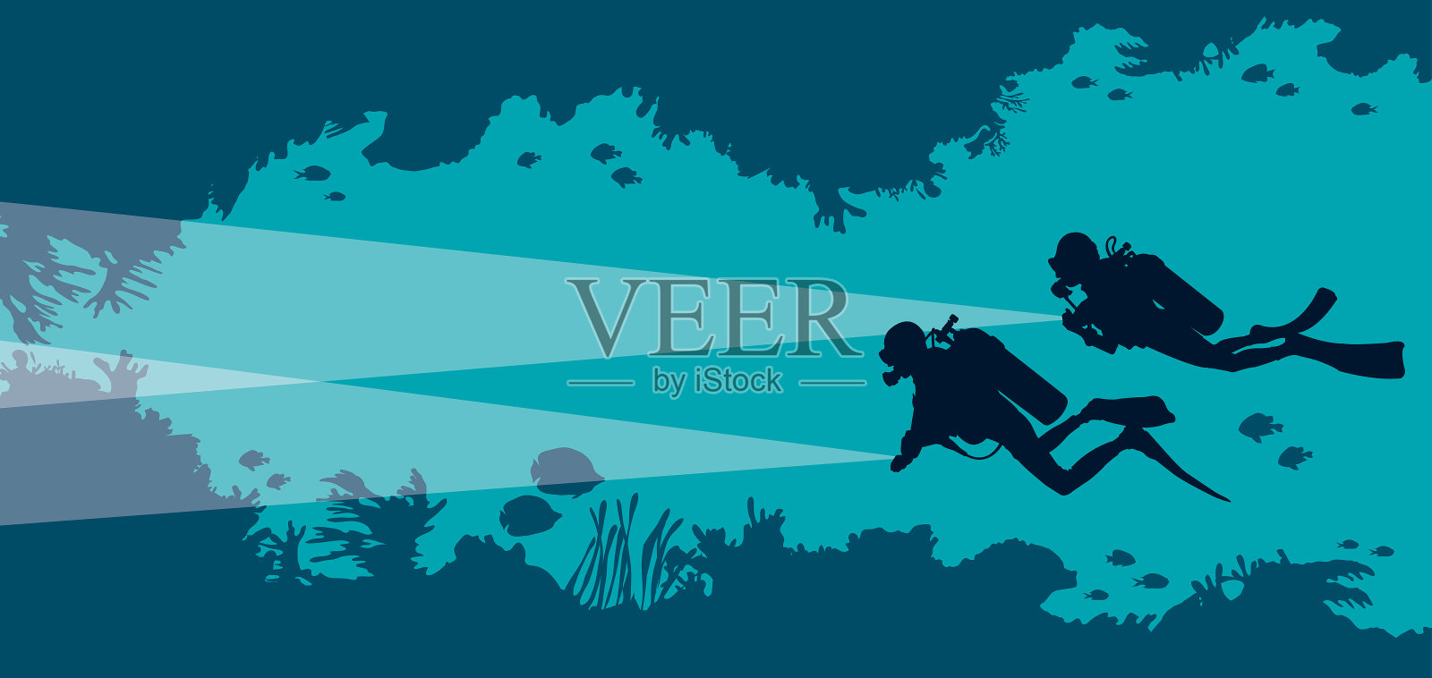 水肺潜水员，水下洞穴，鱼，珊瑚，大海。插画图片素材
