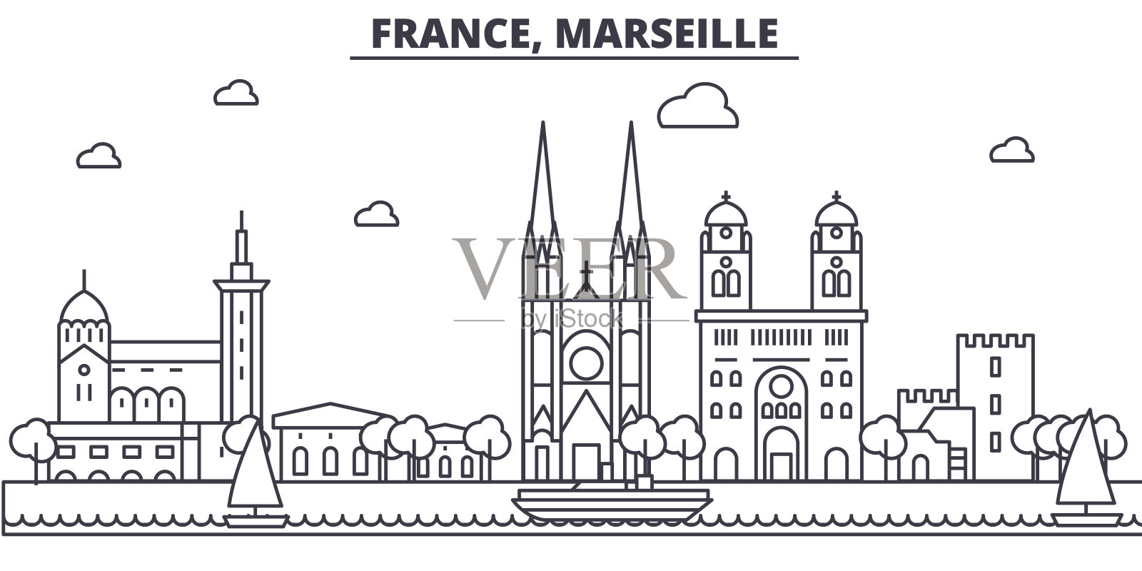 法国，马赛建筑线天际线插图。线性向量的城市景观与著名的地标，城市景观，设计图标。风景与可编辑的笔触设计元素图片
