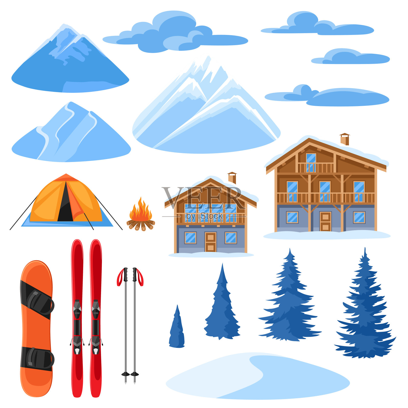 冬季设为设计。高山小屋，滑雪板，滑雪板，雪山和冷杉树设计元素图片
