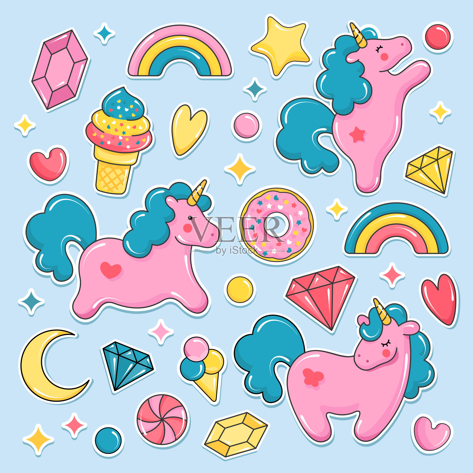 独角兽可爱元素集合。气球。独角兽，冰淇淋，彩虹，糖果，钻石。矢量图插画图片素材