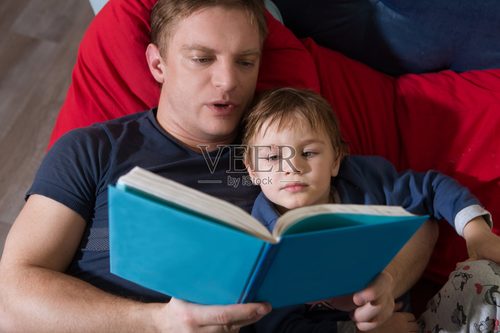 父亲给小儿子读故事。家庭团聚的快乐时光。照片摄影图片