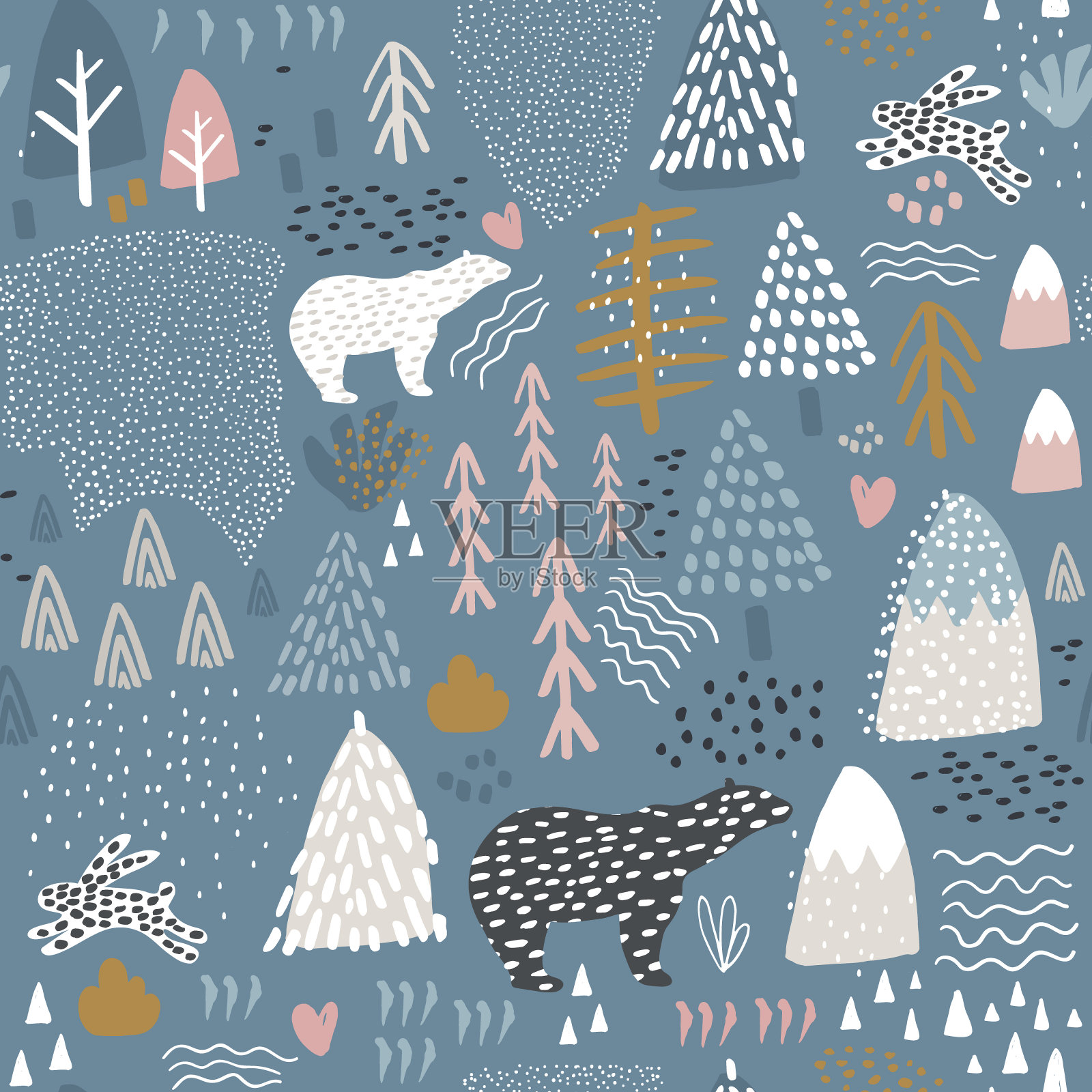 无缝图案兔子，北极熊，森林元素和手绘形状。幼稚的纹理。非常适合织物，纺织矢量插图插画图片素材