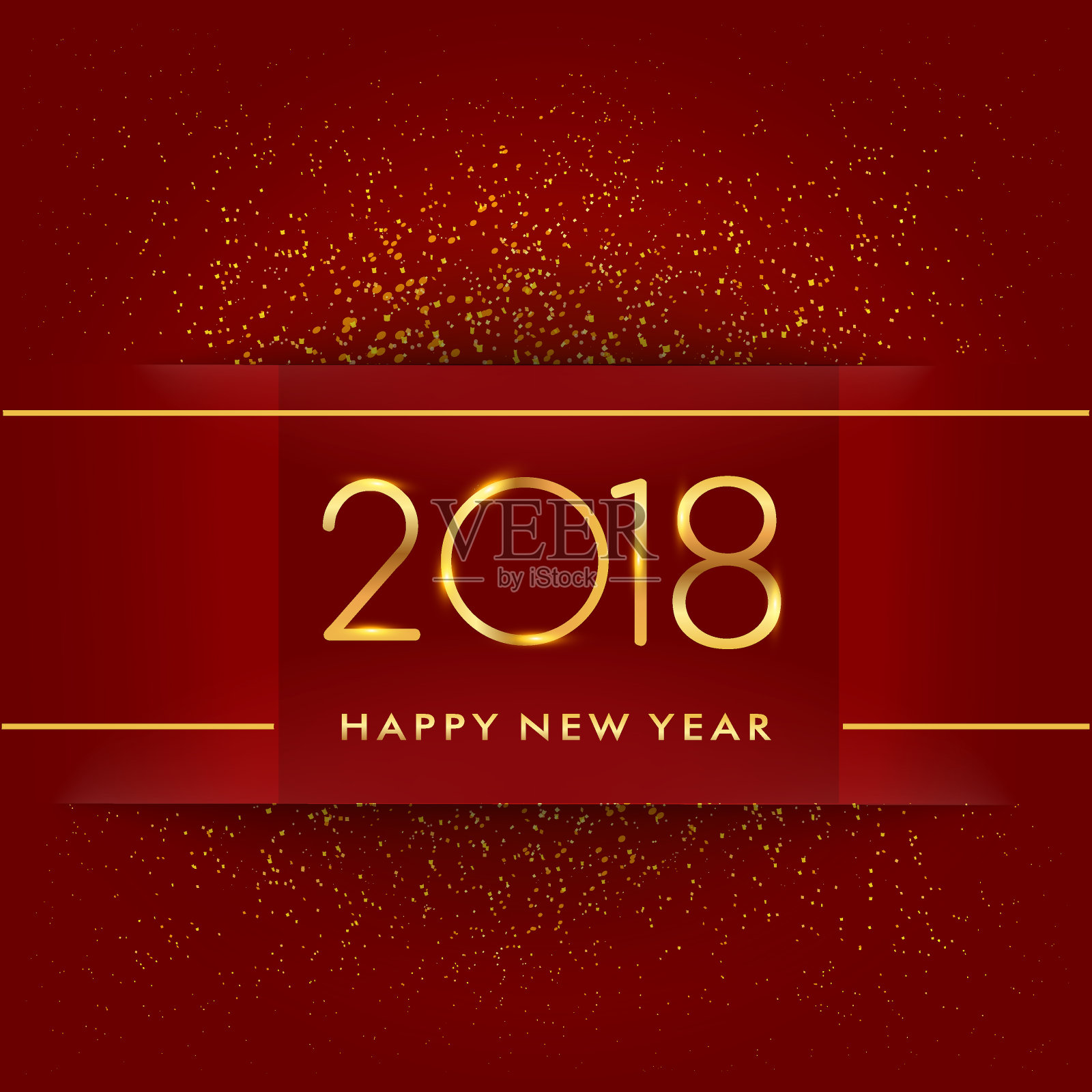 2018年新年快乐与红色背景上的闪光孤立，文字设计金色，矢量元素的日历和贺卡。设计模板素材