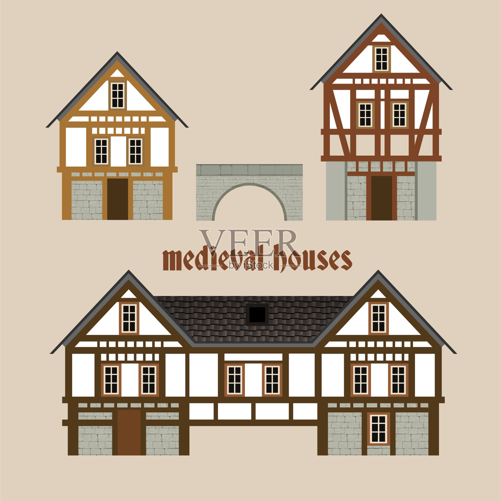 中世纪的小镇的房子插画图片素材