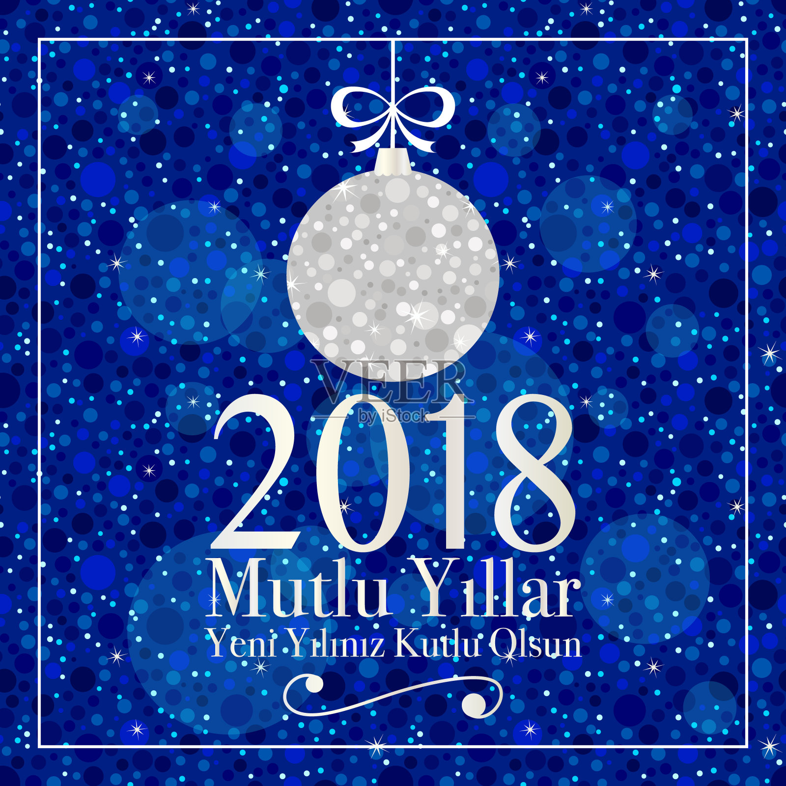 2018年新年贺卡银球节日快乐。土耳其- Mutlu Yillar。Yeni yiliniz kutlu olsun。设计模板素材