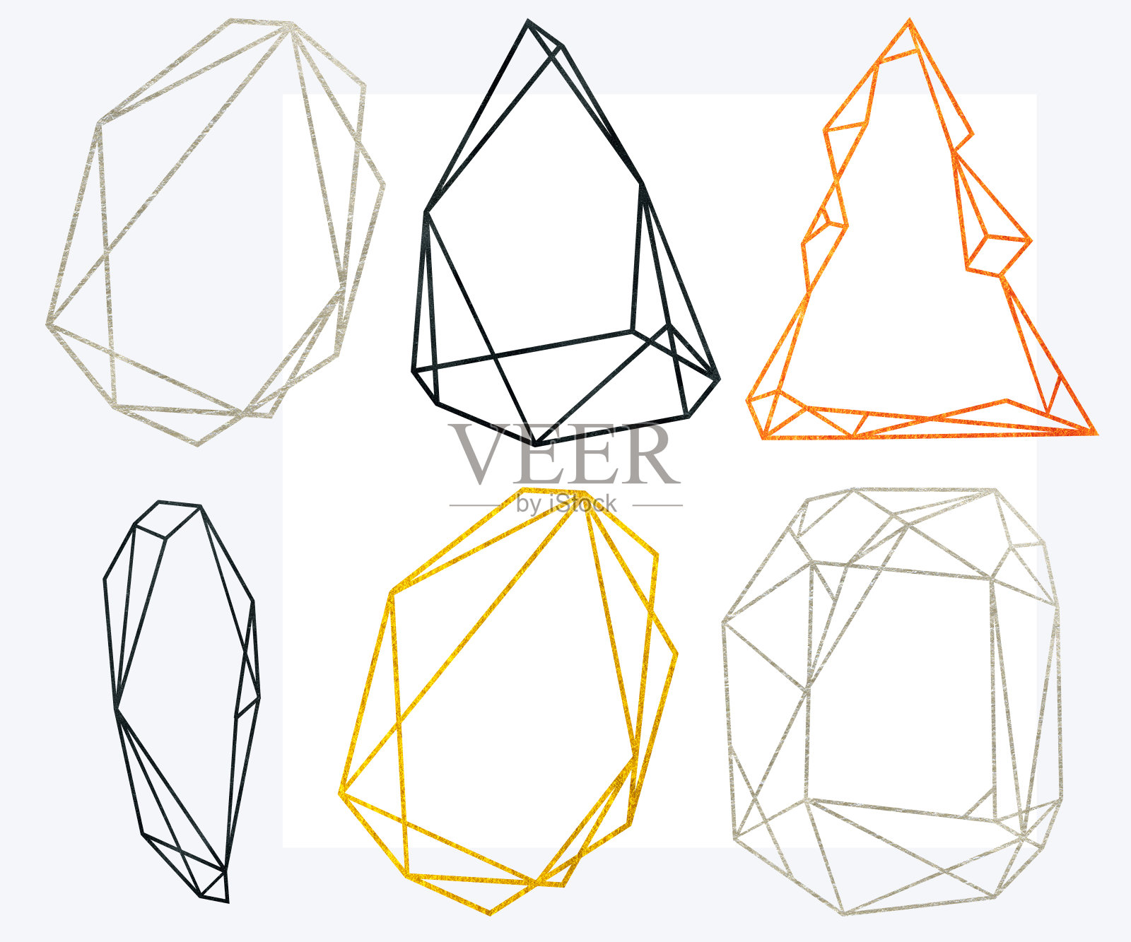 多边形框架集。金色，银色，黑色闪光三角形，几何形状。钻石形状。插画图片素材