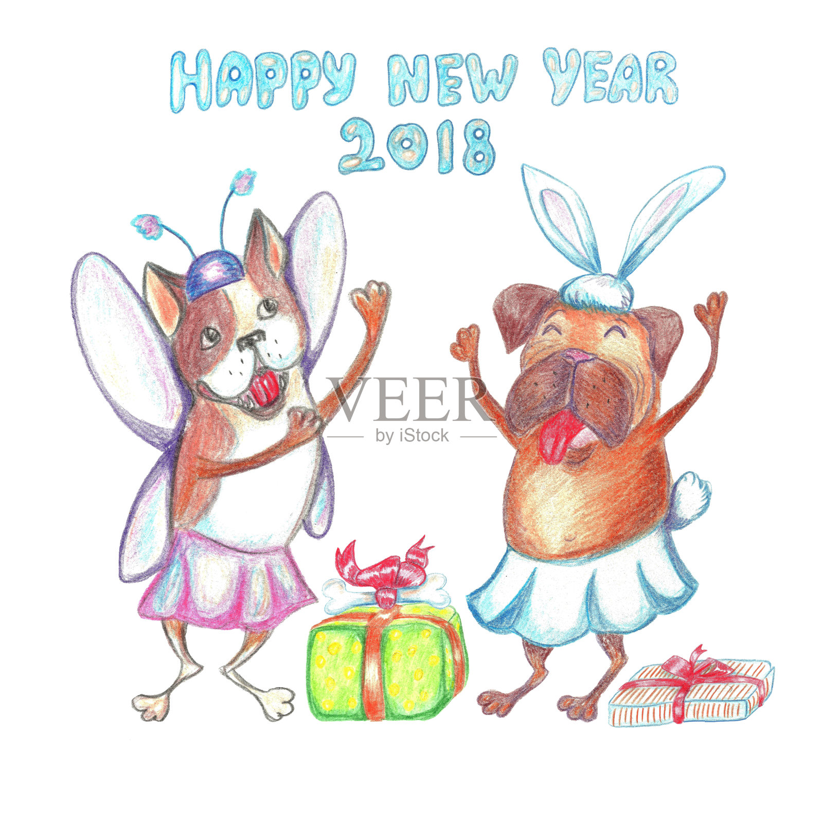 水彩画滑稽跳舞的哈巴狗和法国斗牛犬在狂欢节的服装。祝你新年快乐。2018狗的象征。插画图片素材