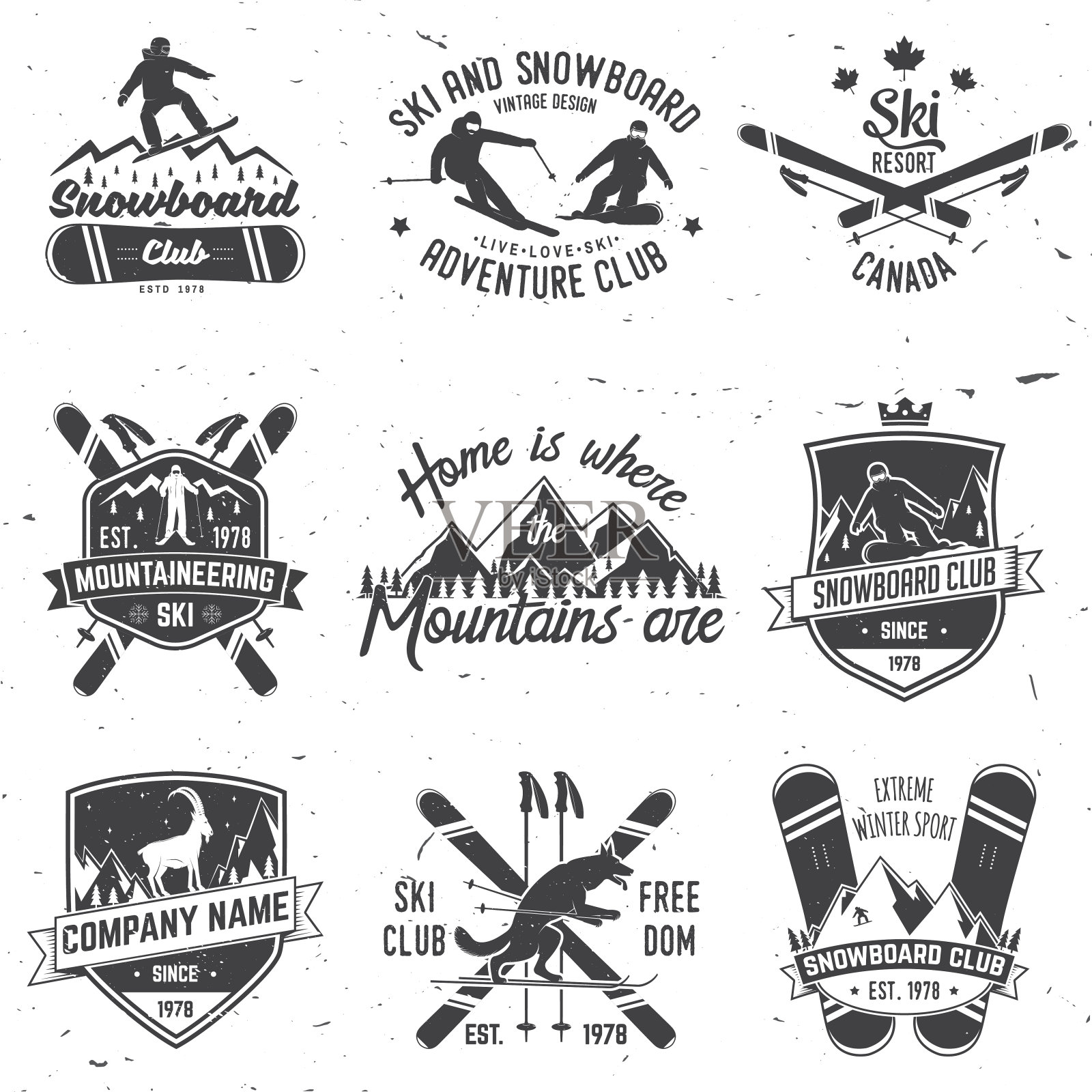 滑雪和滑雪板俱乐部的标志。矢量图插画图片素材