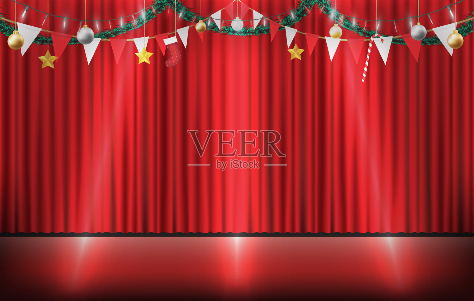 圣诞装饰挂在红幕舞台上插画图片素材