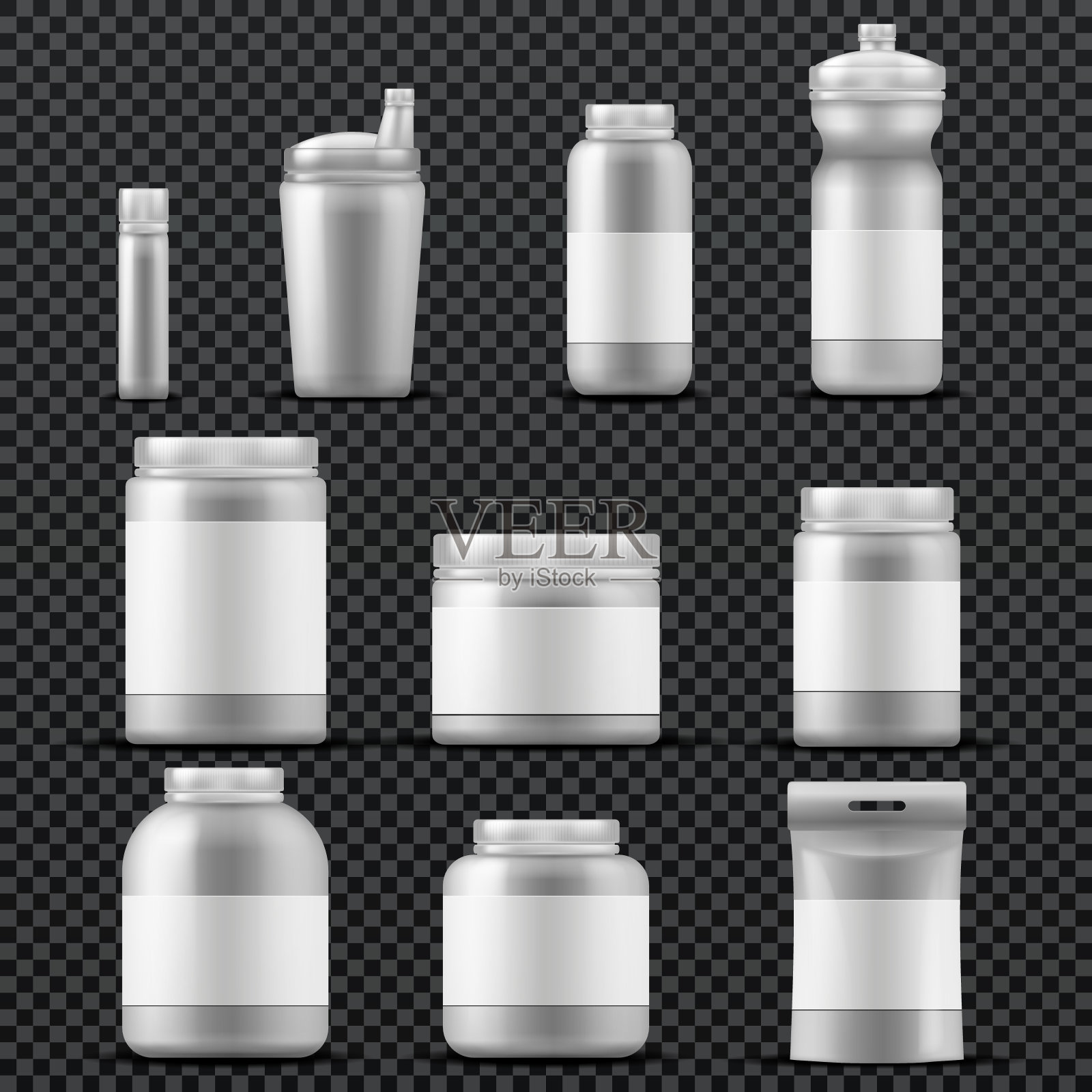 运动补充塑料罐容器的饮料和粉末。向量模板隔离插画图片素材
