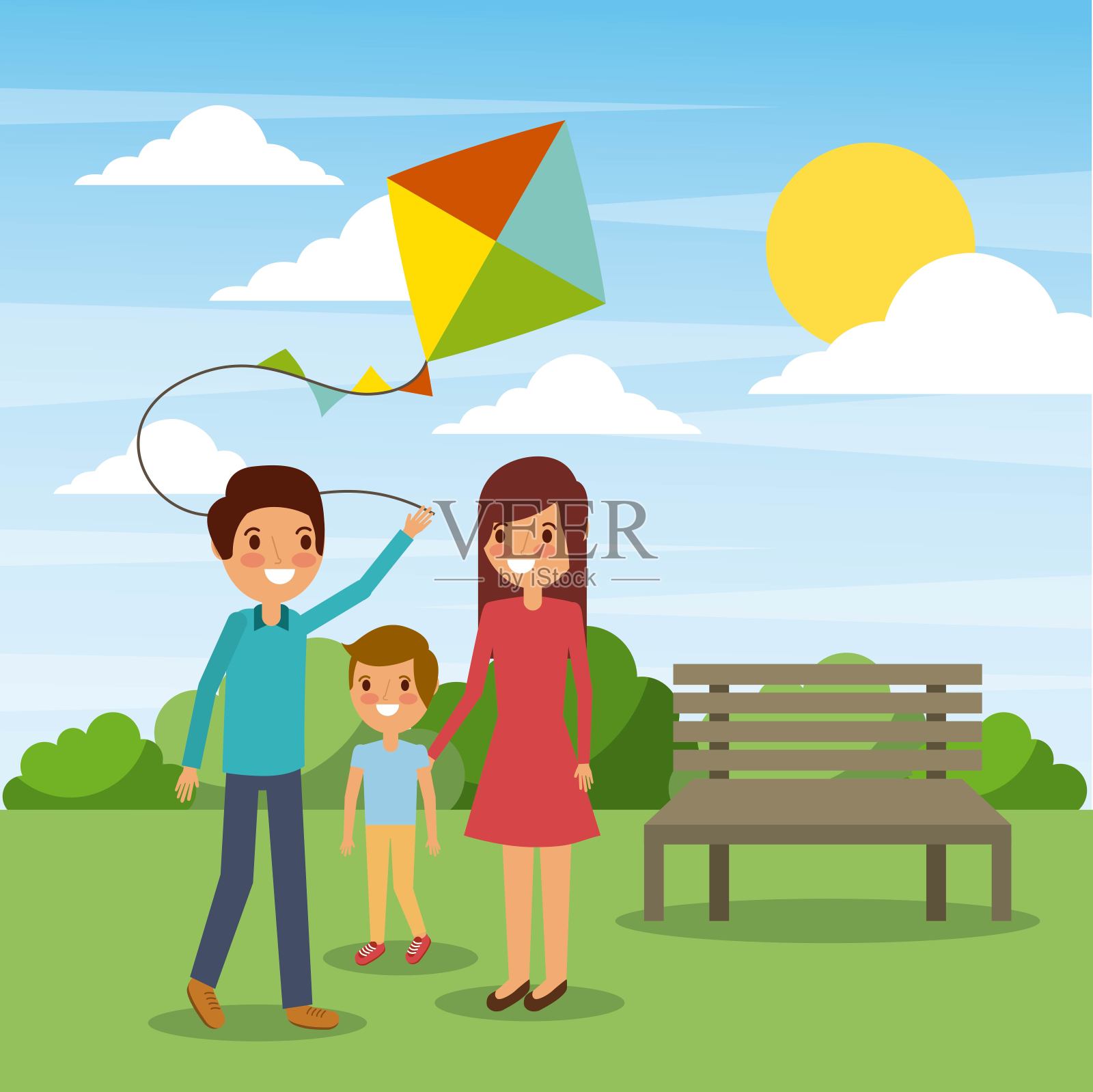 全家人在公园里玩风筝插画图片素材