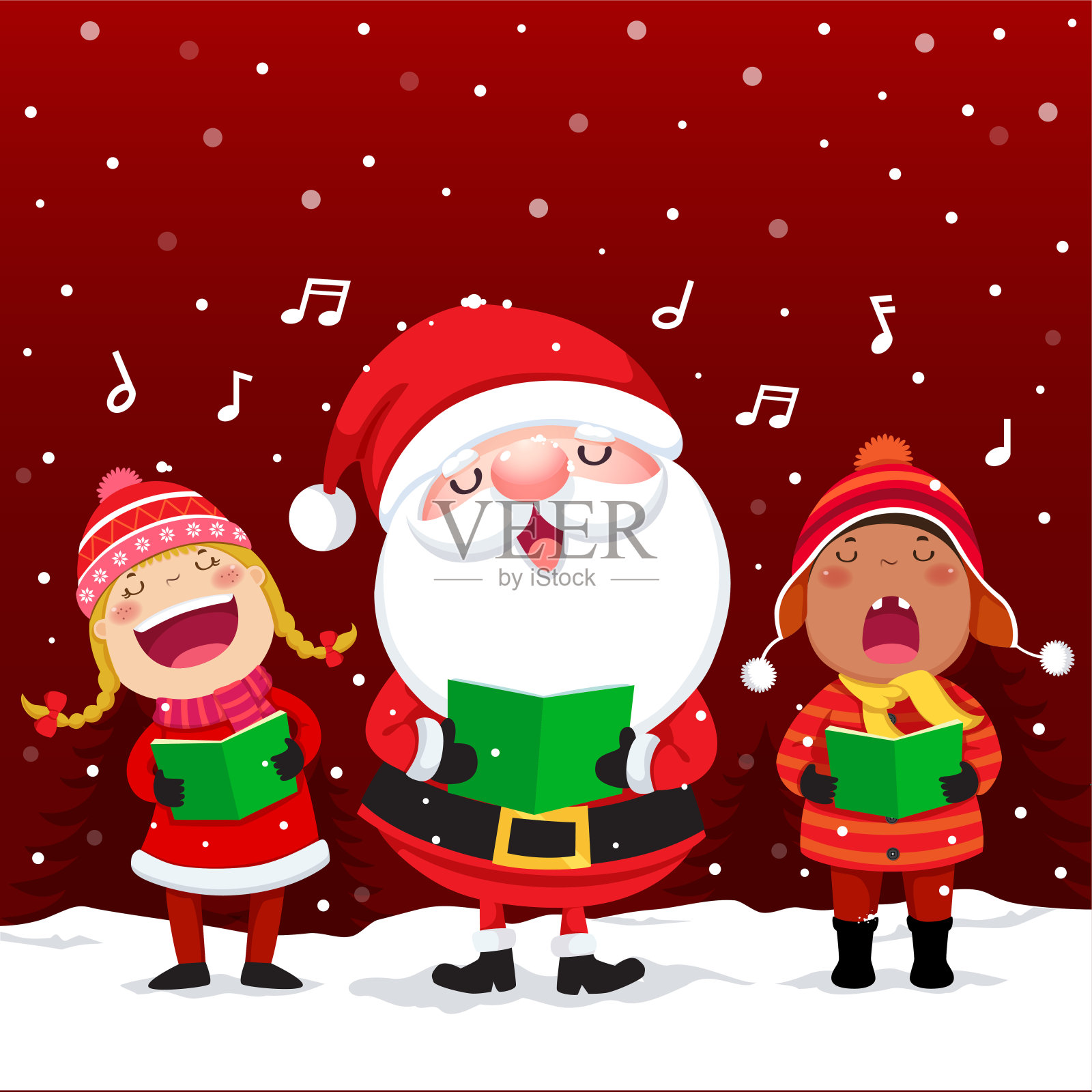 快乐的孩子与圣诞老人唱圣诞颂歌插画图片素材