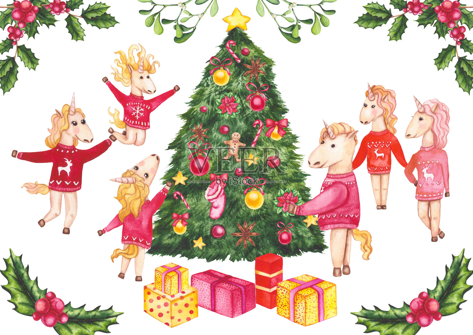 独角兽和圣诞树的家庭插图插画图片素材