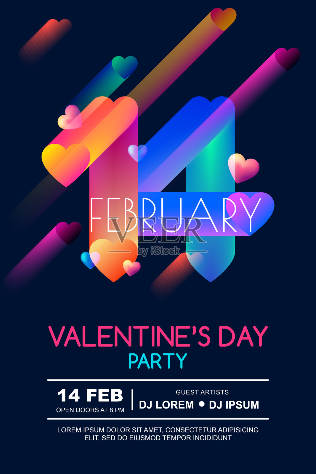 情人节派对矢量海报模板。彩色渐变3d日期2月14日和心形的黑色背景。设计模板素材