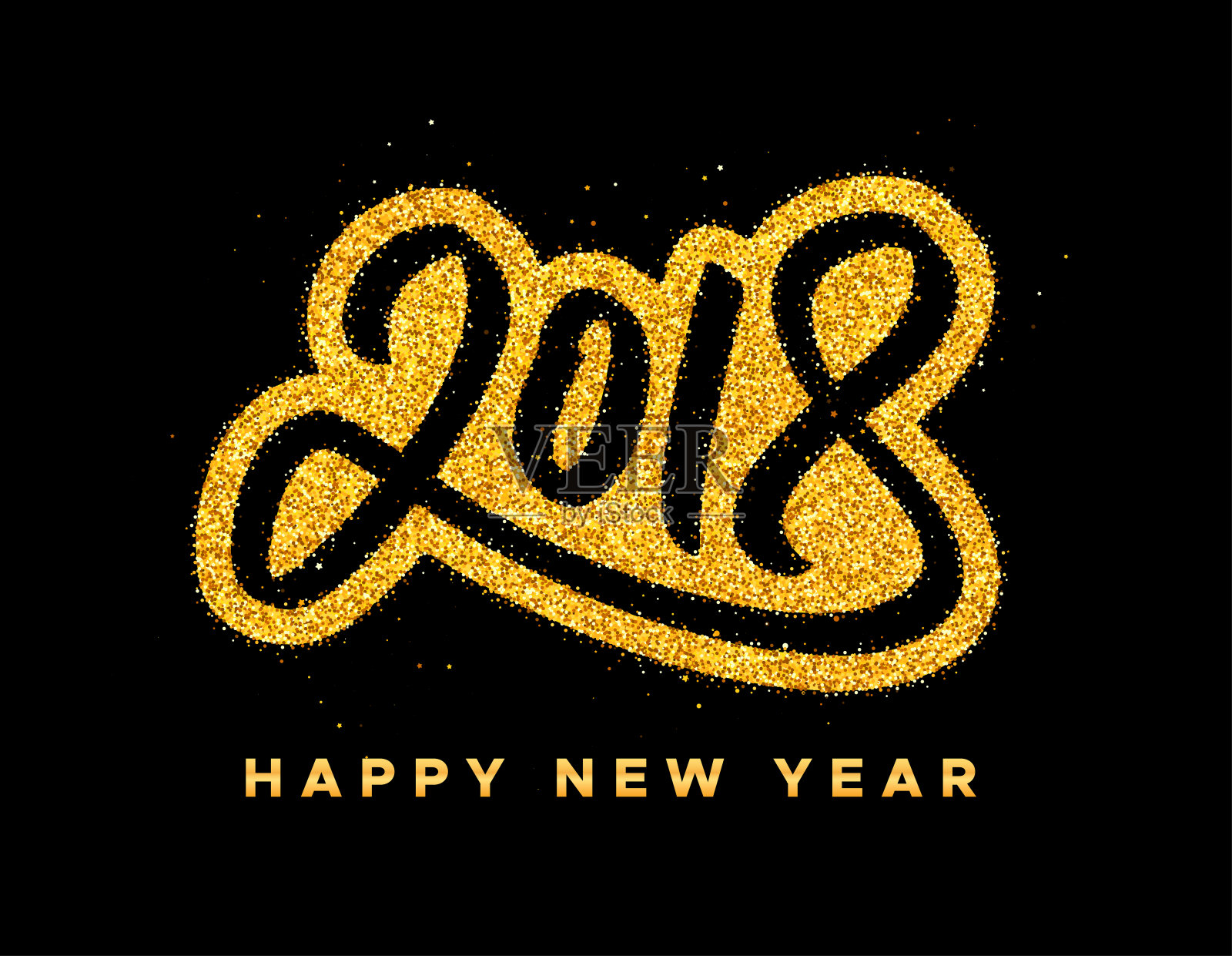 2018年新年贺卡设计与金色书法文字在黑色的背景。矢量节日插图与现代印刷。设计模板素材
