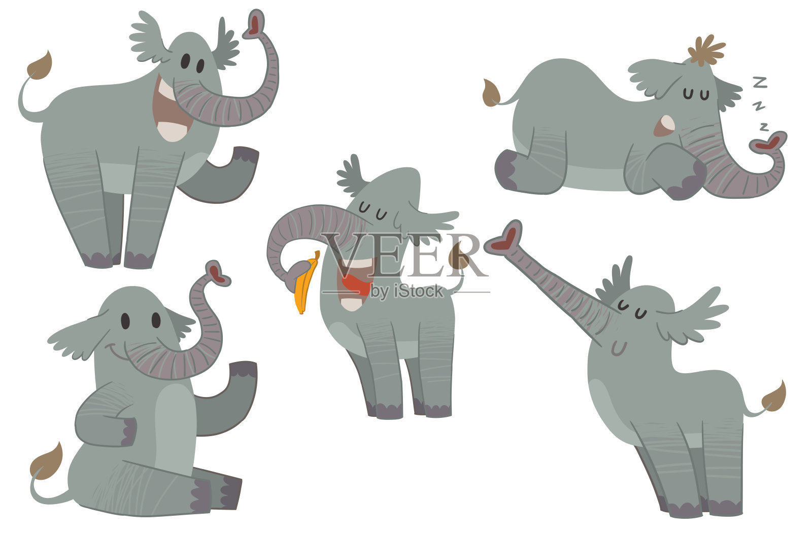 五只有趣的灰色大象插画图片素材
