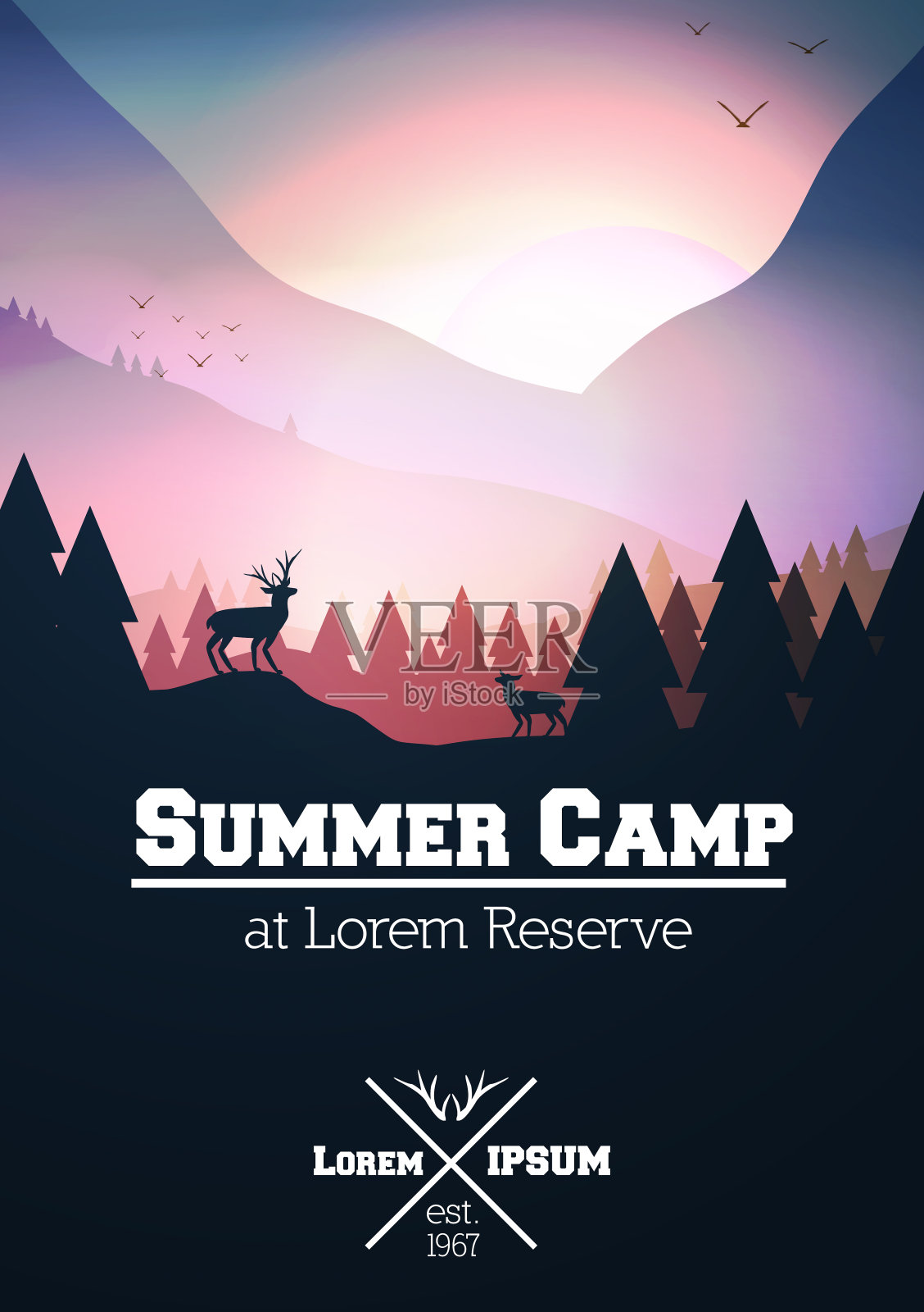 夏令营传单或海报与山，雄鹿在山顶松树森林景观-矢量插图插画图片素材