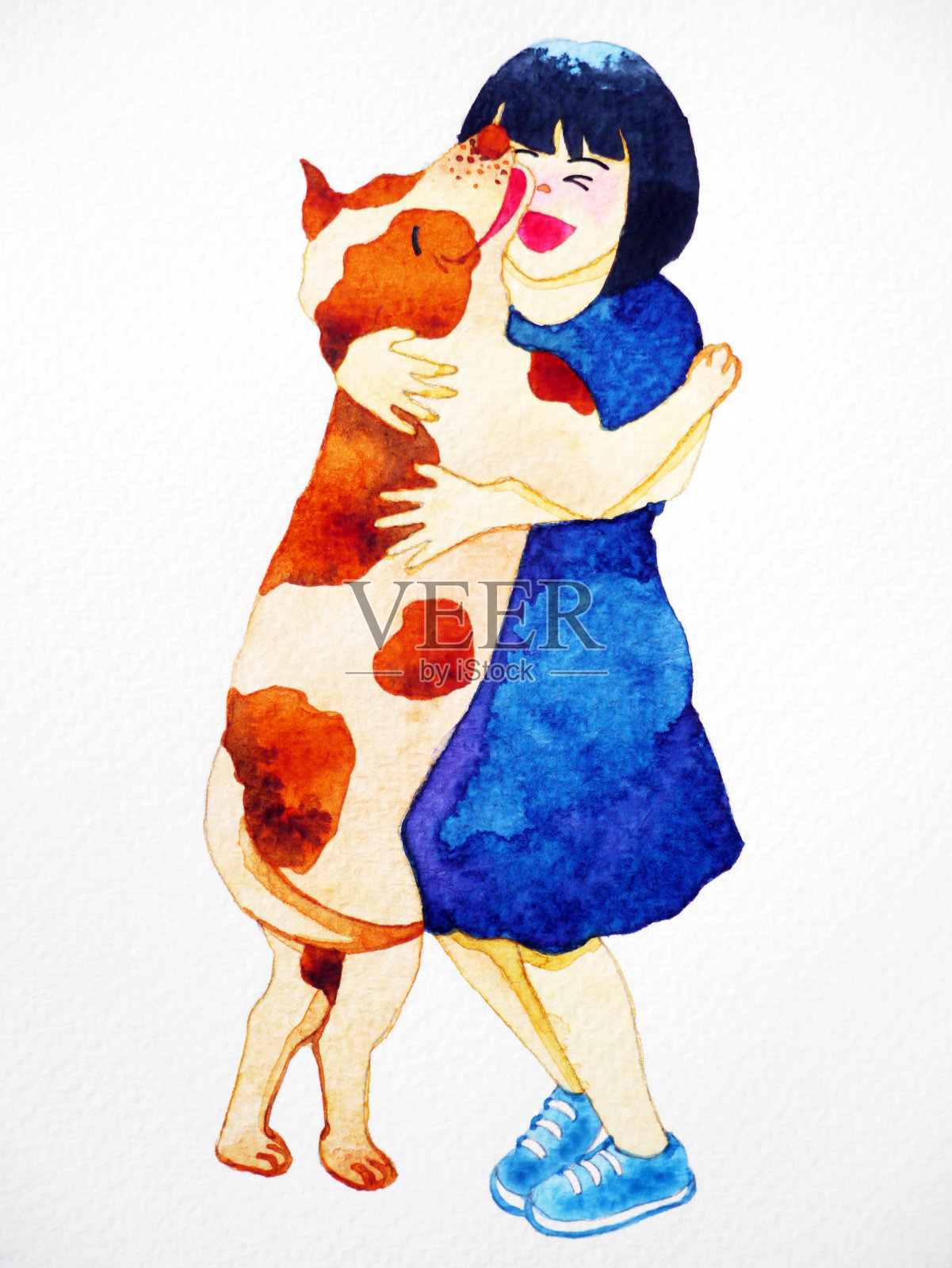 女孩拥抱狗爱宠物水彩画手绘插画设计，白纸纹理背景插画图片素材